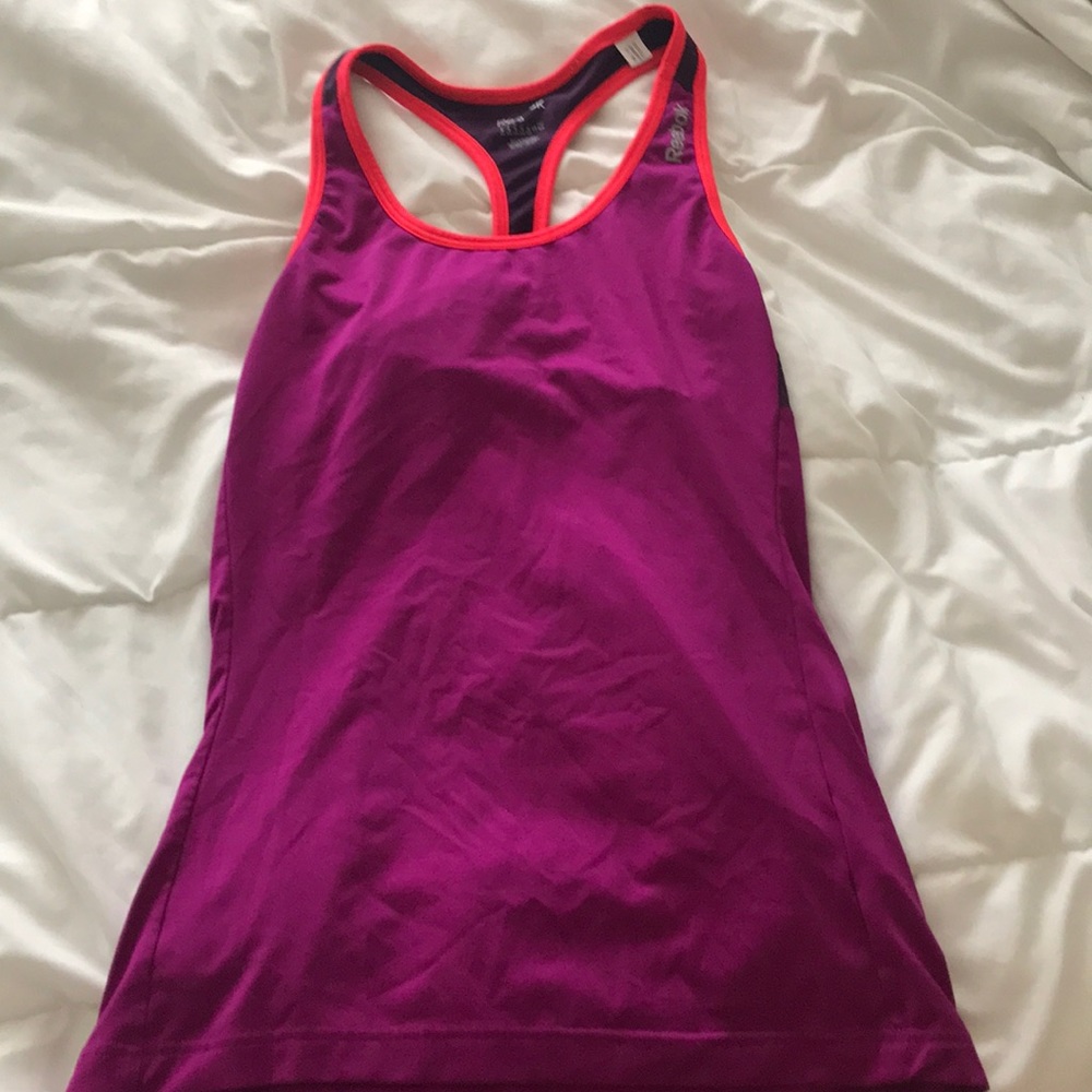Reebok purple workout tank with neon pink piping.